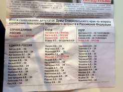 Листовки с фамилиями проголосовавших за повышение пенсионного возраста депутатов появились в Ставрополе