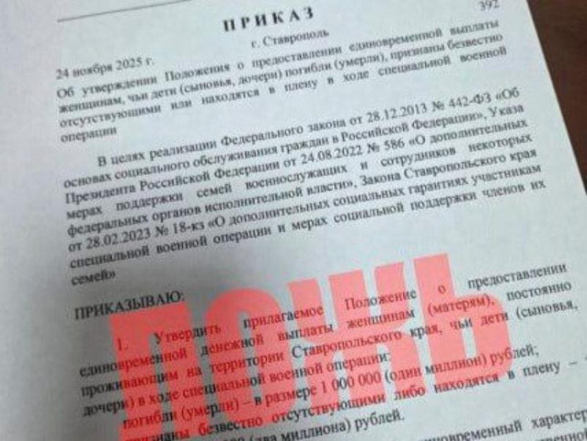 На Ставрополье распространяют фейк о снижении выплат матерям погибших бойцов СВО