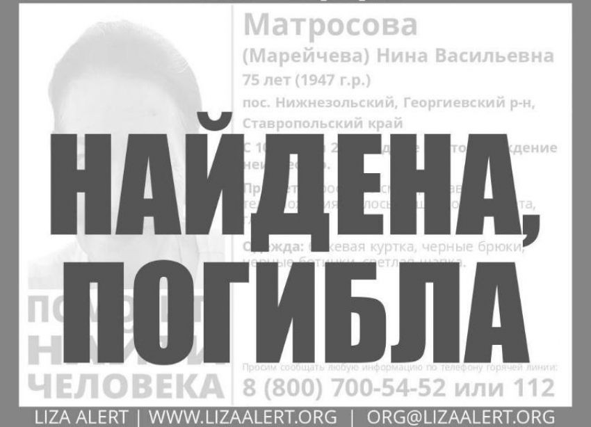 Пропавшую 76-летнюю жительницу Ставрополья обнаружили мертвой