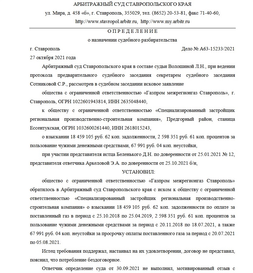 Фото: определение Арбитражного суда